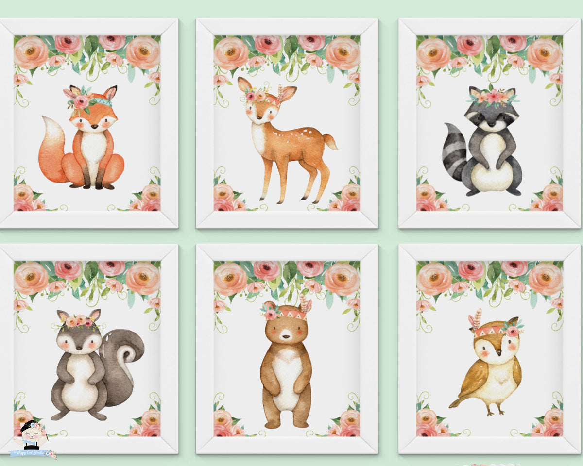 Tribal Pink Floral Greenery Woodland Animals Nursery Wall Art - Instan ...