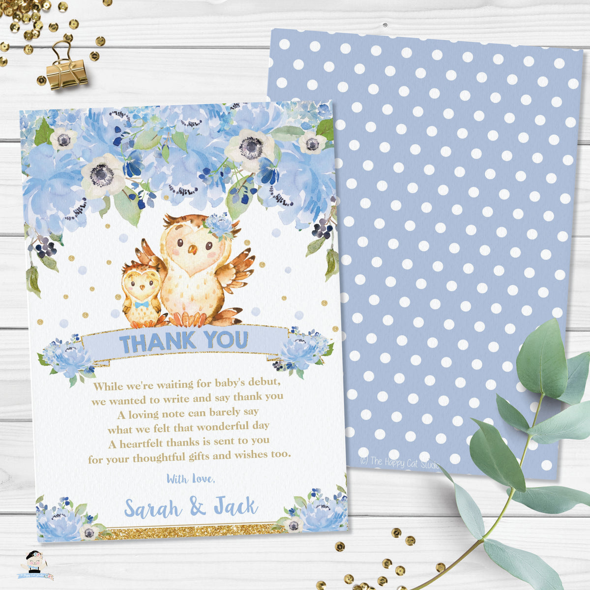 Blue Floral Cute Mom and Baby Owls Thank You Card - Editable Template ...