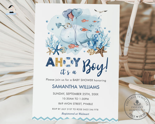 Chic Whale Nautical Ahoy It's a Boy Baby Shower Invitation, EDITABLE TEMPLATE, Ocean Under Sea Blue Chevron Printable, INSTANT Download, WH2