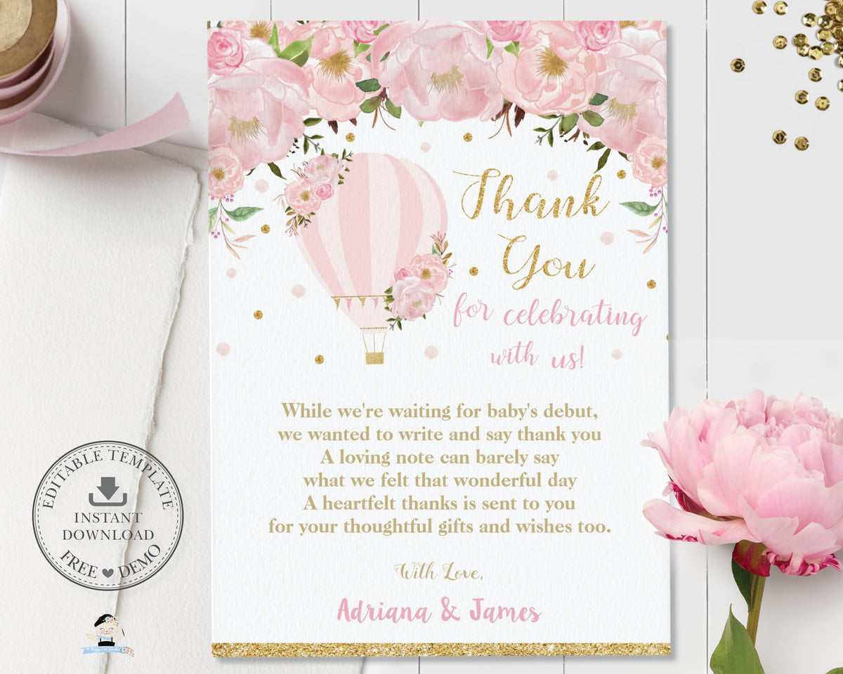 Chic Blush Pink Floral Hot Air Balloon Thank You Card Editable Templat ...