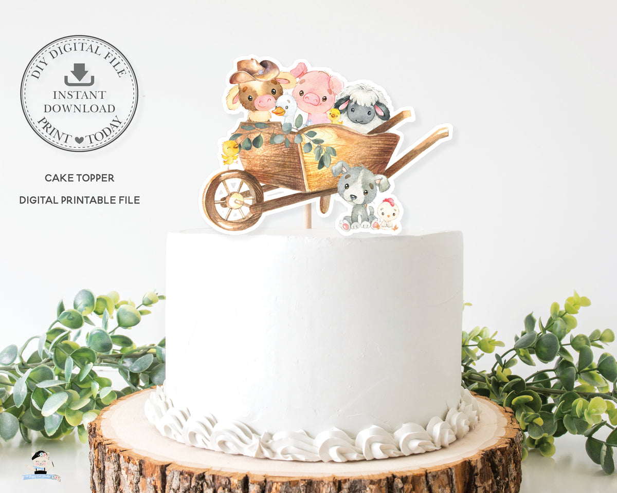 Country Cute Farm Animals Wheelbarrow Cake Topper Centerpiece Digita