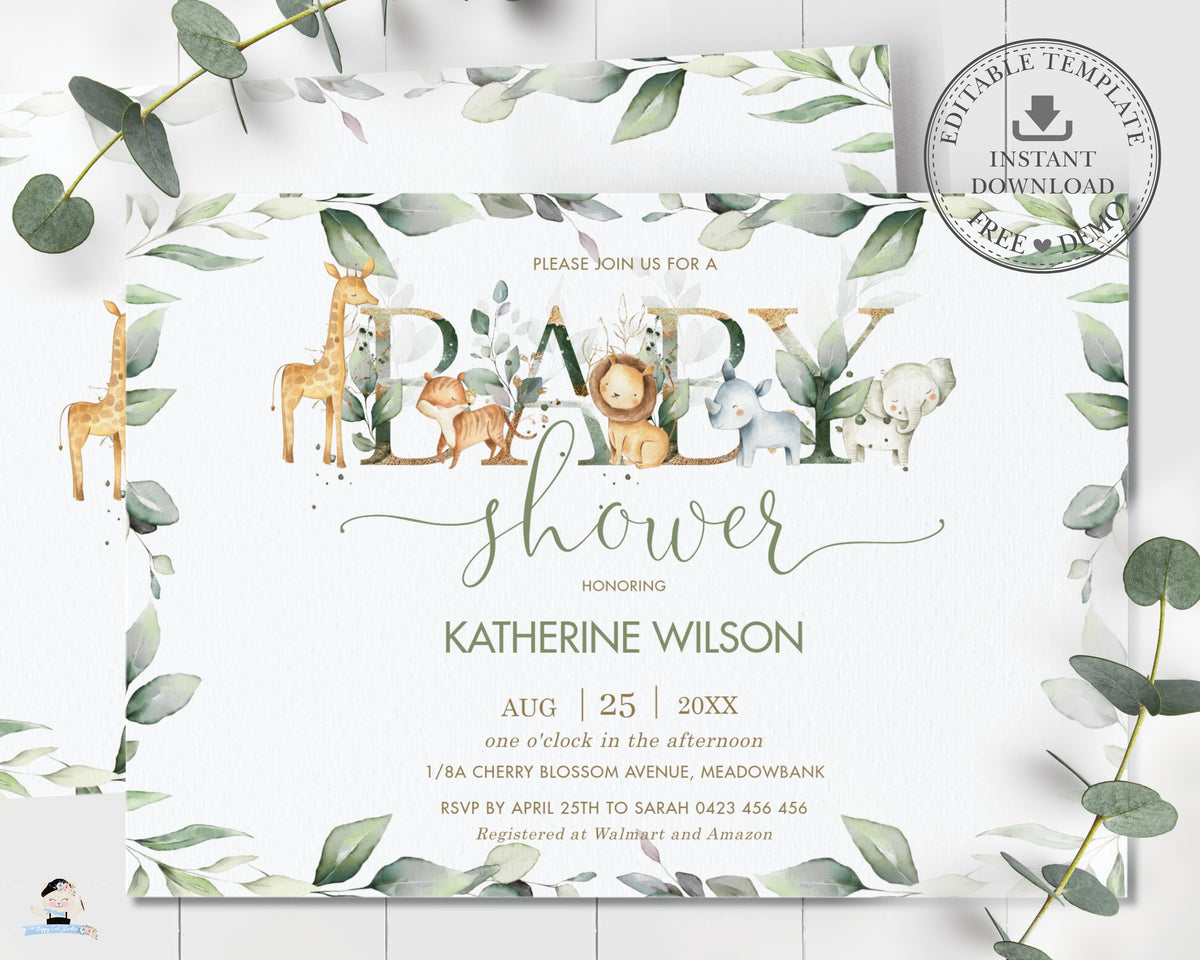 Rustic Greenery Jungle Animals Gender Neutral Baby Shower Invitation  Editable Template - Digital Printable File - Instant Download - JA5, image size:1200x960