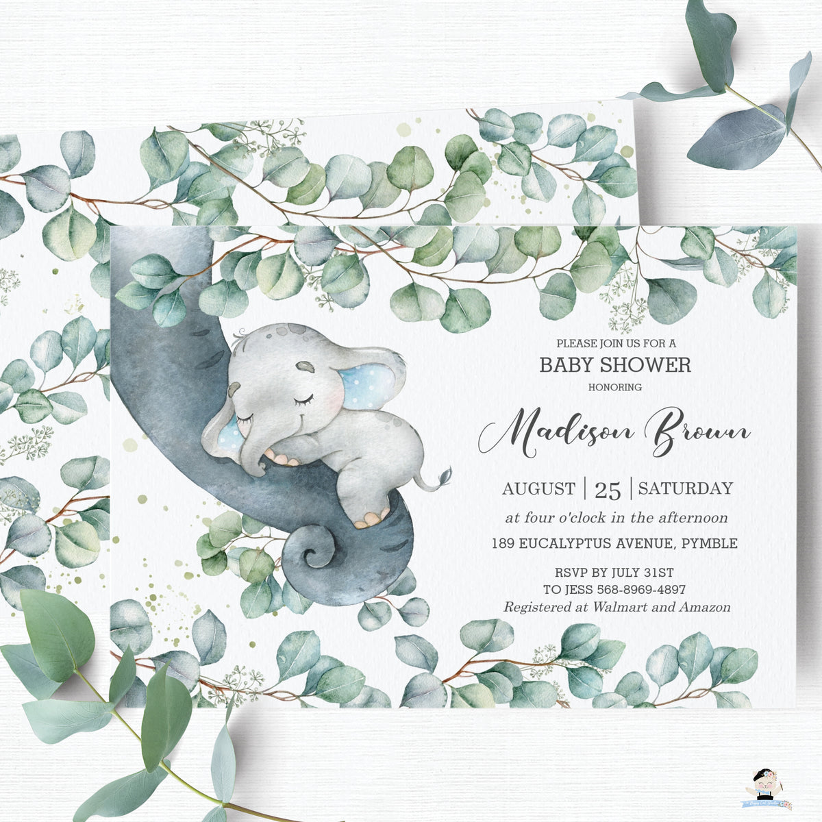 Rustic Greenery Elephant Baby Boy Shower Invitation Editable Template ...