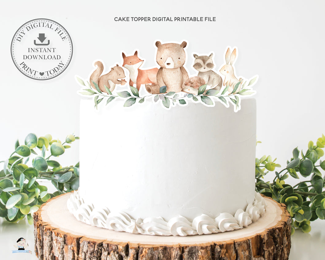 Chic Woodland Animals Greenery Cake Topper Digital Printable File - Instant Download - WG12