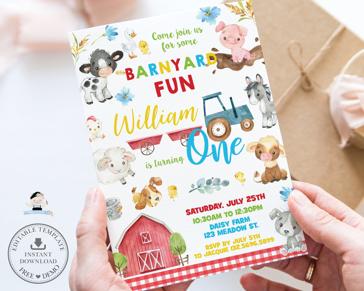 Cute Farm Animals Barnyard Fun 1st Birthday Party Invitation Editable ...