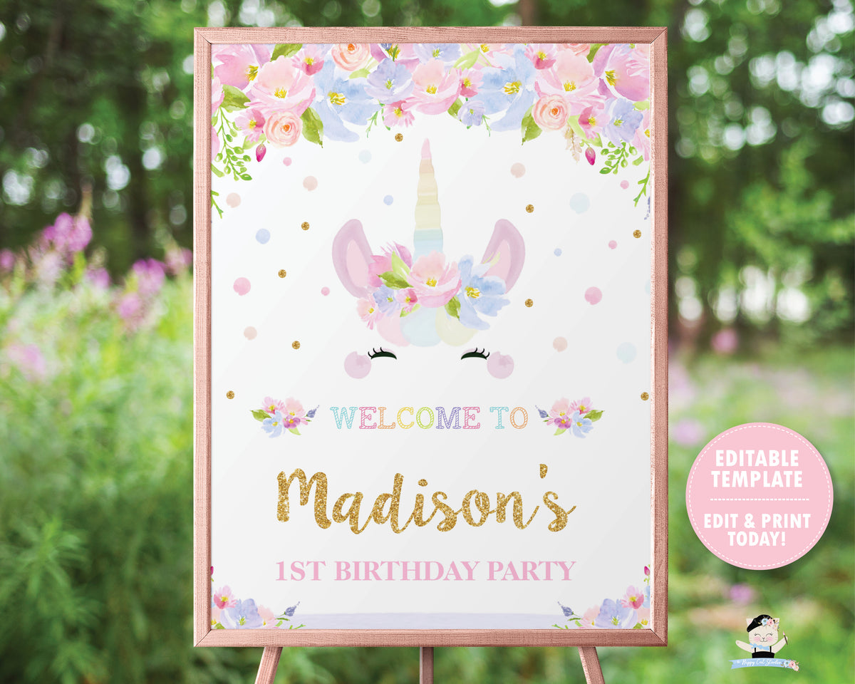 Editable Unicorn Welcome Sign Pink and Gold Magical Unicorn Welcome Party  Sign Unicorn Party Decorations Instant Download UP1 