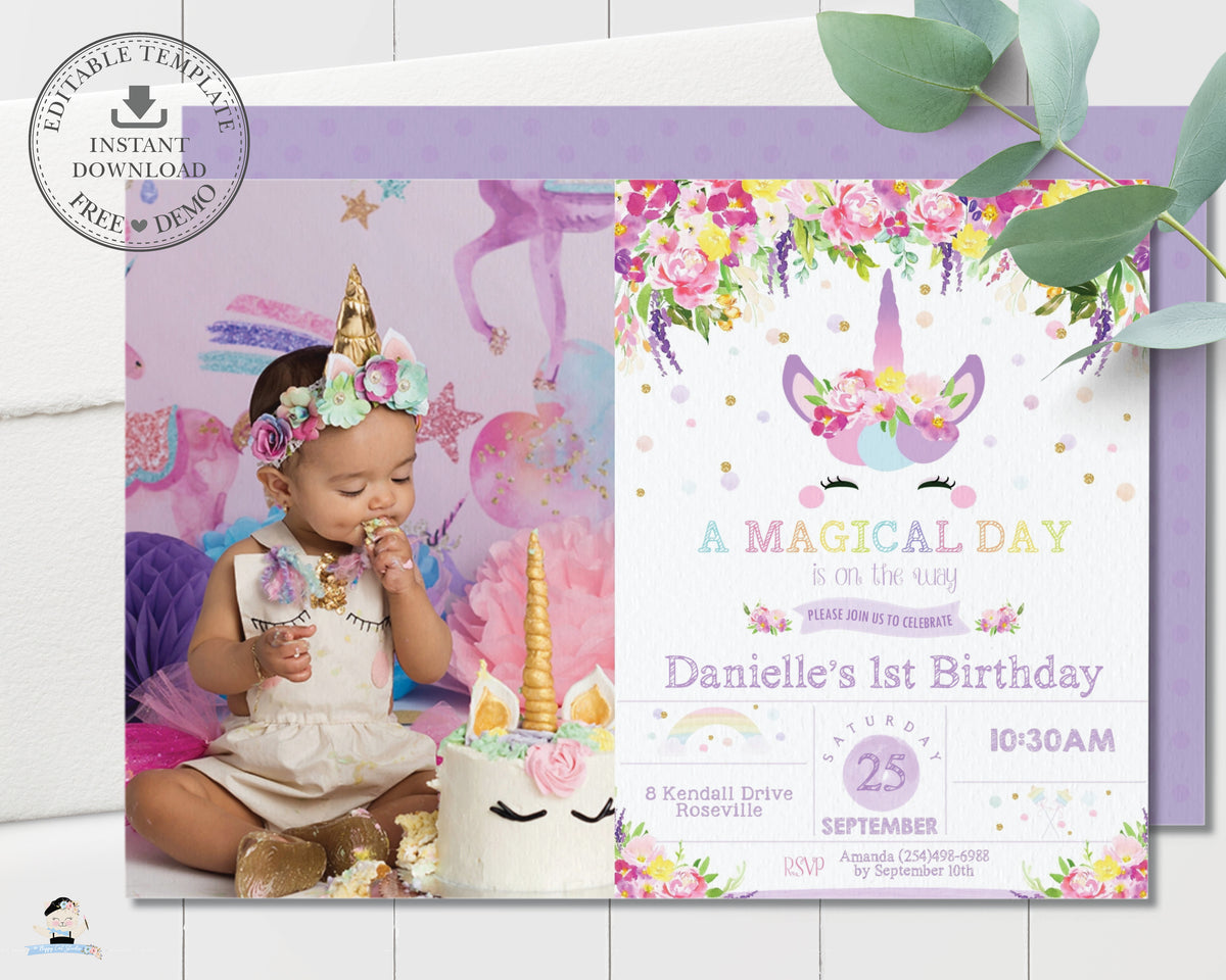 Purple Floral Cute Unicorn Birthday Party Photo Invitation Editable Te The Happy Cat Studio