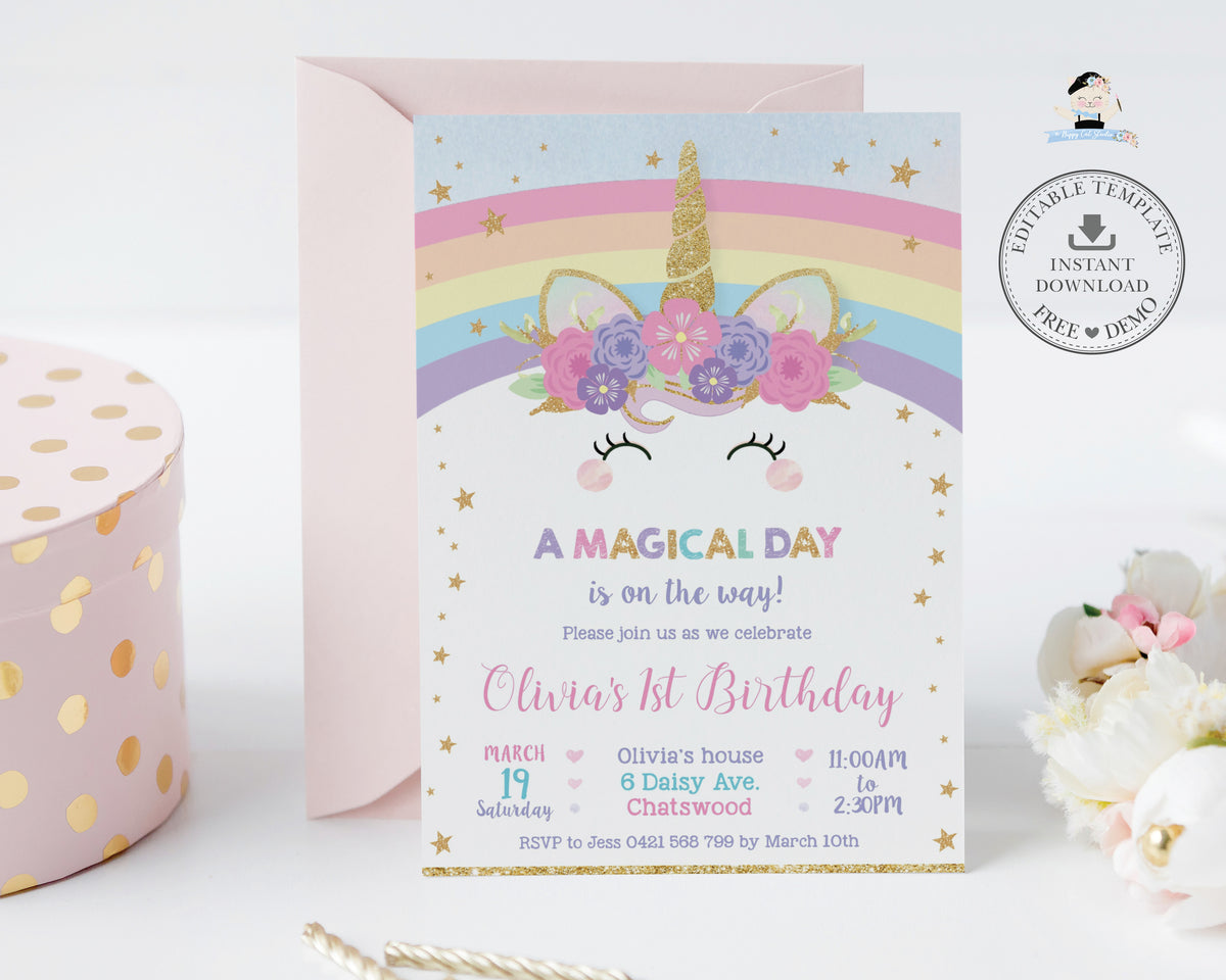 Cute Rainbow Unicorn Birthday Party Invitation Editable Template - Dig ...