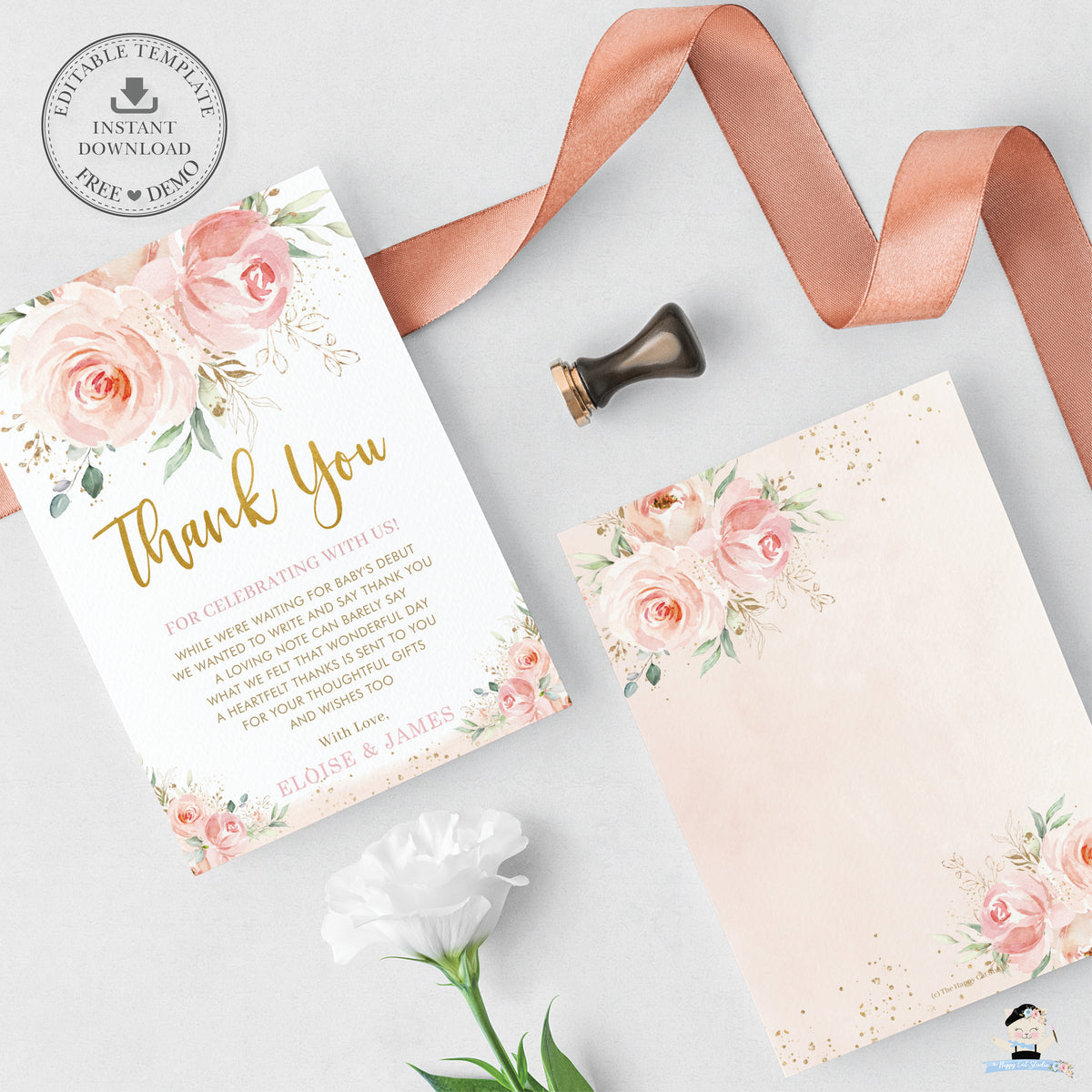 Chic Elegant Blush Pink Roses Floral Thank You Card Editable Template ...