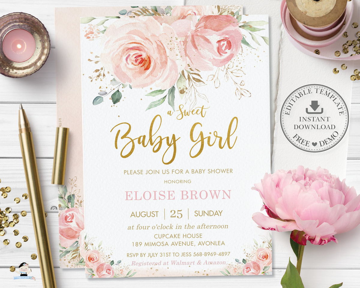 Blush Pink Floral Baby Girl Shower Invitation Template, Printable Show -  PlumPolkaDot