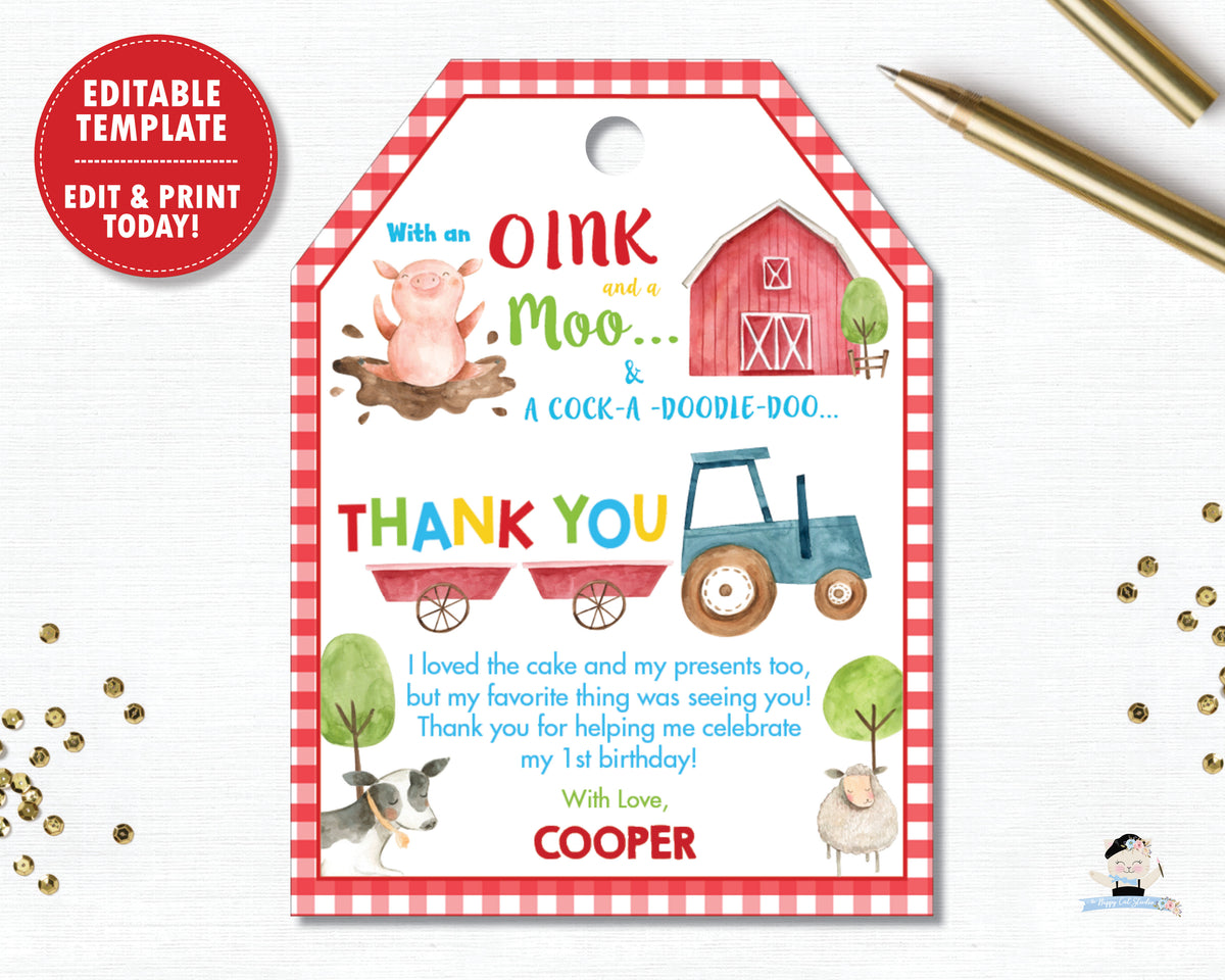 Farm Barnyard Animals Birthday Party Baby Shower Thank You Favor Tags ...