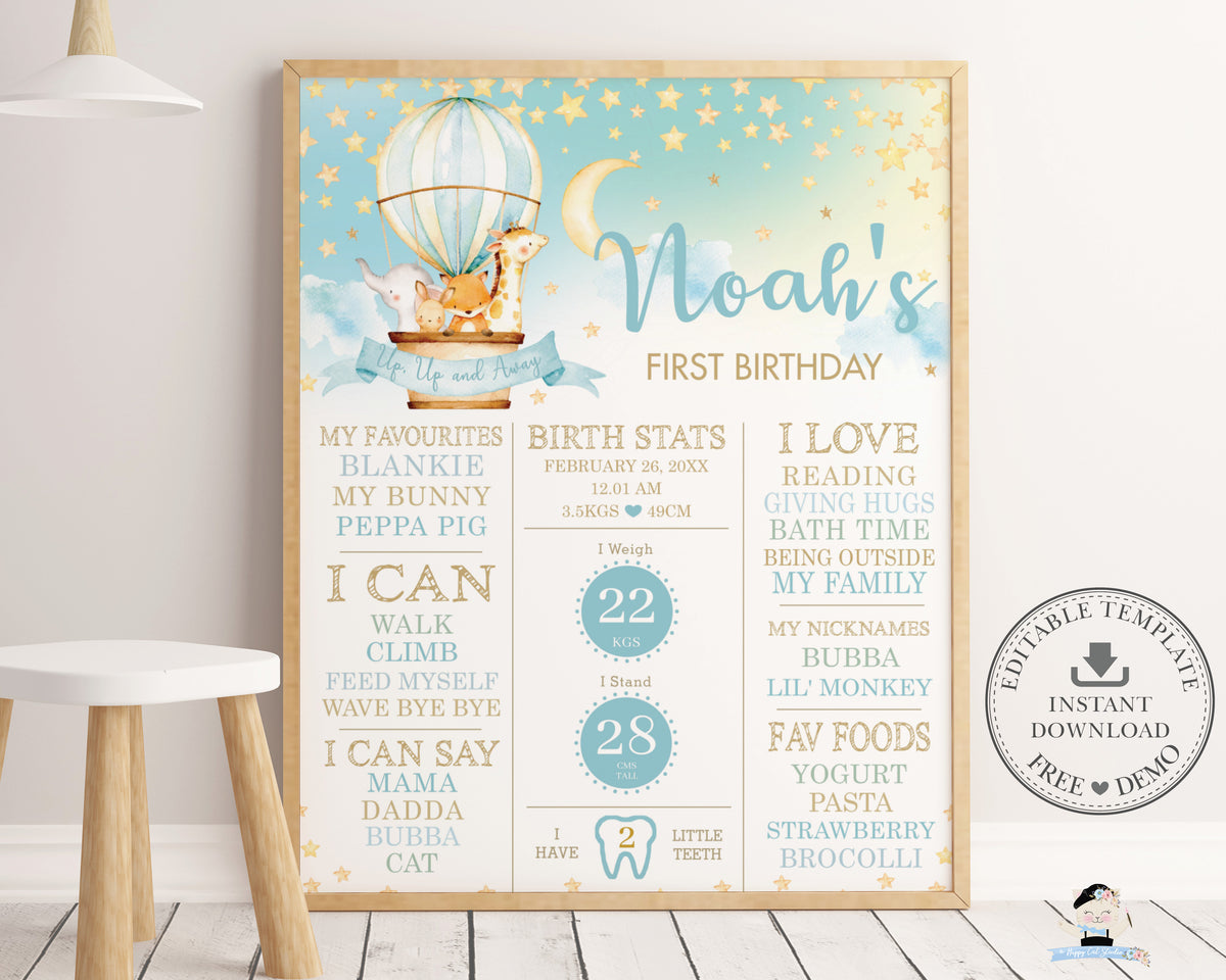 Cute Animals Hot Air Balloon 1st Birthday Milestone Sign Birth Stats E ...