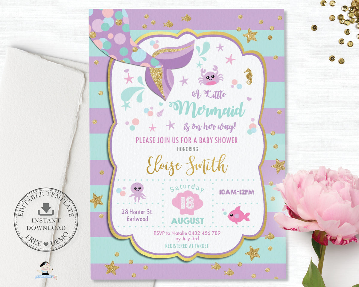 Little Mermaid Invitation Purple And Turquoise Baby Shower