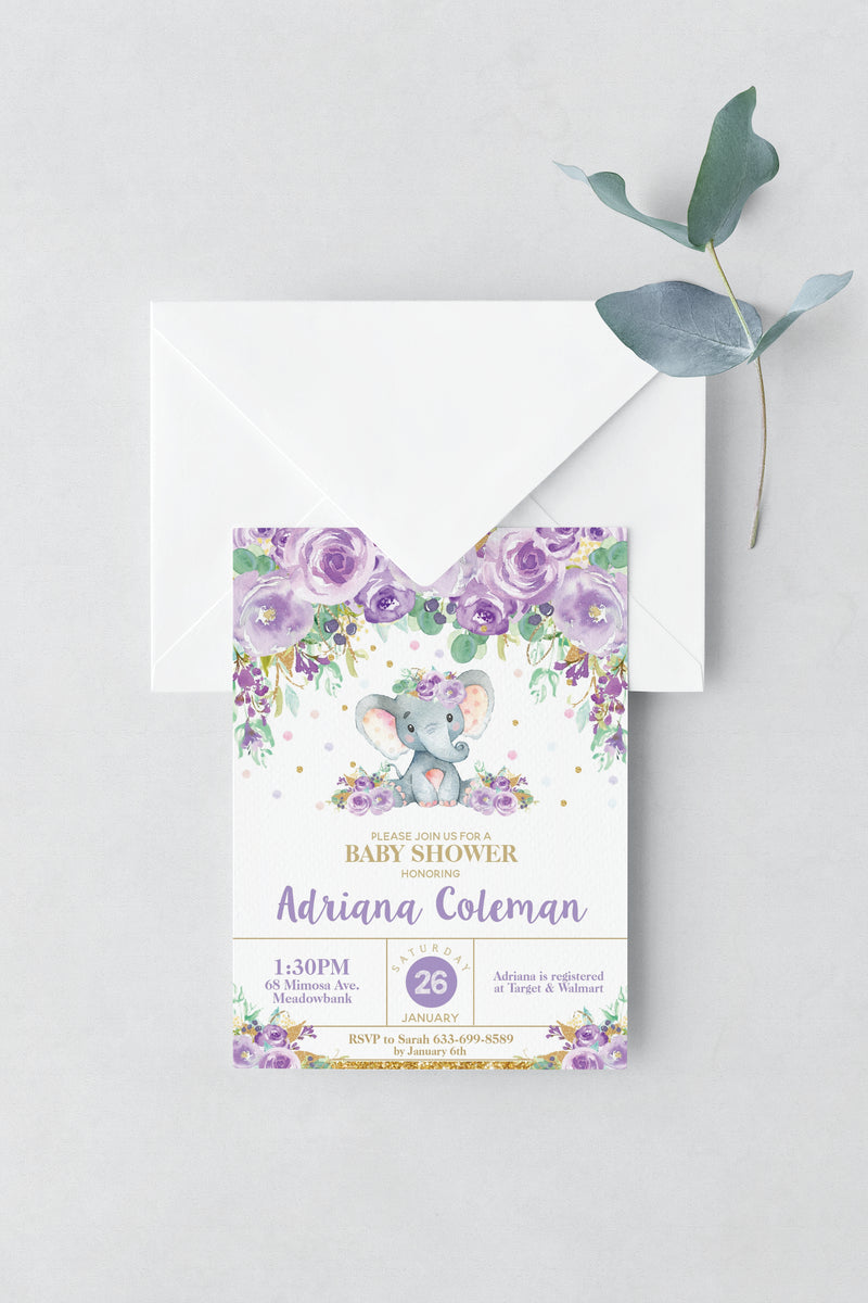 Purple Floral Elephant Baby Shower Invitation Editable Template Instant  Download EP9