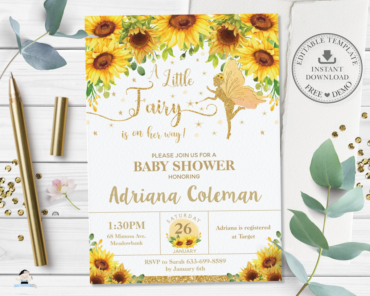 Chic Sunflower Floral Fairy Baby Shower Invitation Editable Template 