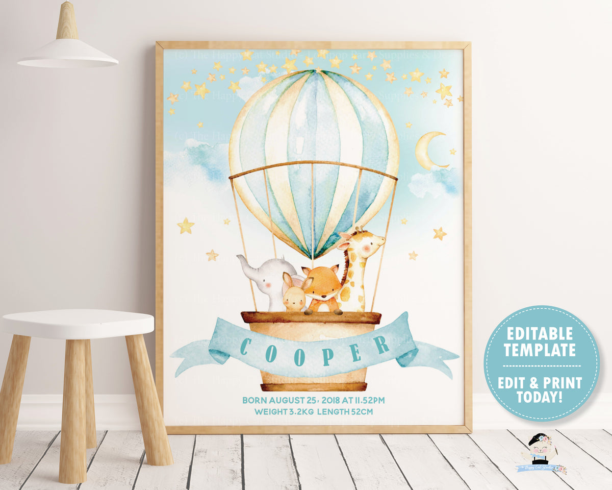 Whimsical Hot Air Balloon Baby Animals Birth Stats Nursery Wall Art ...