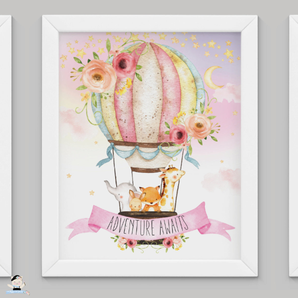 Set of 3 Whimsical Pink Floral Girl Hot Air Balloon Baby Animals Nurse ...