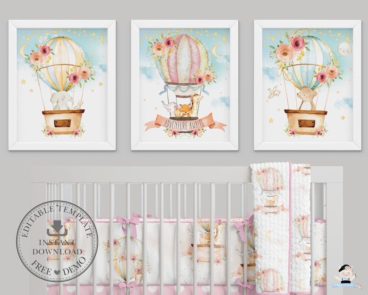 Set of 3 Whimsical Pink Floral Hot Air Balloon Baby Animals Nursery Wa ...