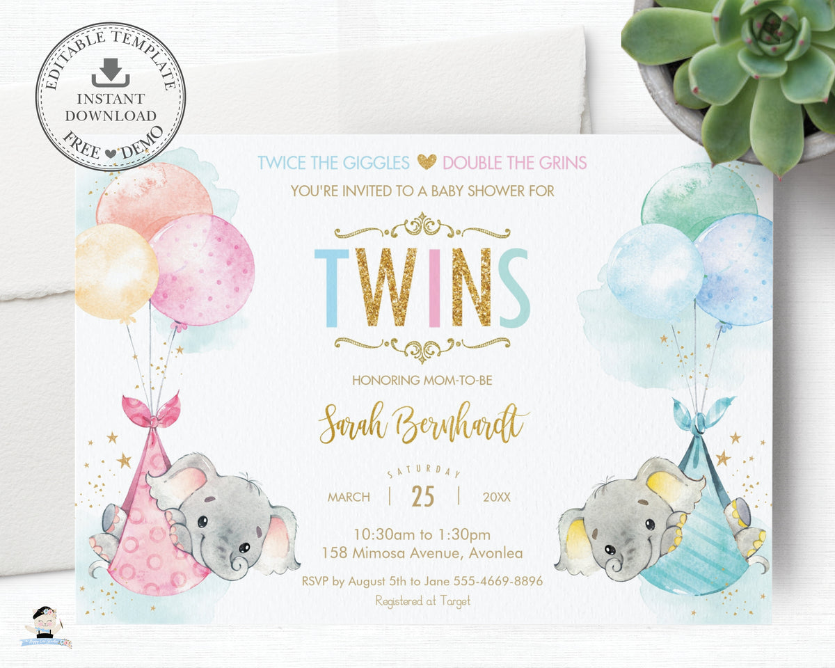 Whimsical Twin Boy Girl Elephant Baby Shower Personalized