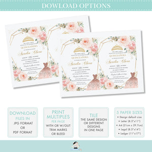 Chic Blush Pink Floral Rose Flowers Dress Quinceanera Invitation Editable Template, 15th Birthday Mis Quince Sweet 16 Download File, QC1