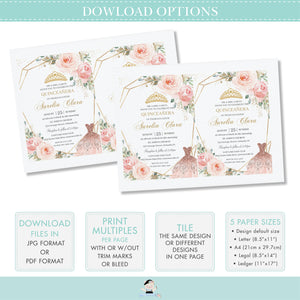 Chic Blush Pink Floral Rose Flowers Dress Quinceanera Favor Tag Editable Template, 15th Birthday Mis Quince Sweet 16 Download File, QC1