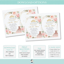 Load image into Gallery viewer, Elegant Blush Pink Floral Rose Flowers Quinceanera Invitation Editable Template, 15th Birthday Mis Quince Sweet 16 Download File, QC1
