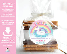Load image into Gallery viewer, Rainbow Unicorn Pool Party 2 Inches Circle Label EDITABLE TEMPLATE, Thank You Stickers Tags Favors Printable, Baby Shower, 1st Birthday Baptism UF1