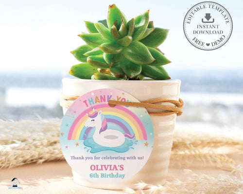 Rainbow Unicorn Pool Party 2 Inches Circle Label EDITABLE TEMPLATE, Thank You Stickers Tags Favors Printable, Baby Shower, 1st Birthday Baptism UF1