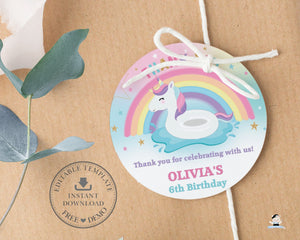 Rainbow Unicorn Pool Party 2 Inches Circle Label EDITABLE TEMPLATE, Thank You Stickers Tags Favors Printable, Baby Shower, 1st Birthday Baptism UF1