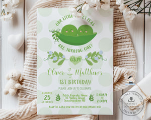 Cute Sweet Two Peas in a Pod Twin Boys Birthday Invitation Editable Template - Digital Printable File - Instant Download - SP1