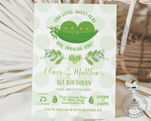 Load image into Gallery viewer, Cute Sweet Two Peas in a Pod Twin Boys Birthday Invitation Editable Template - Digital Printable File - Instant Download - SP1