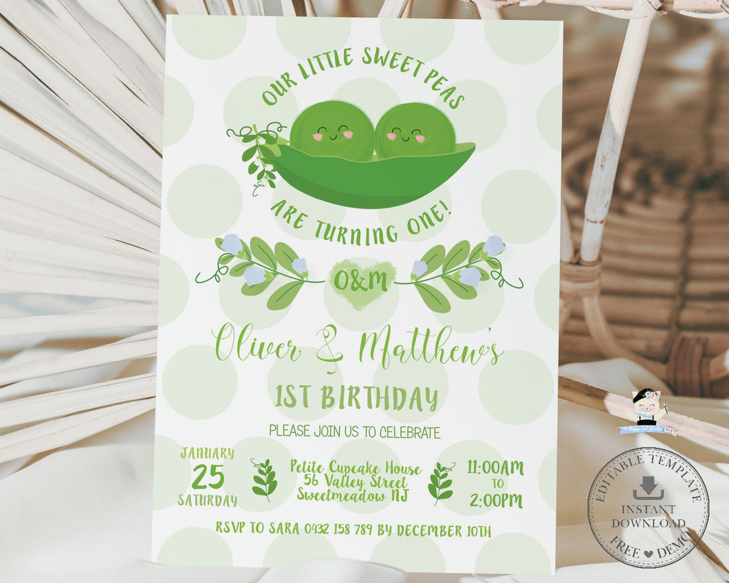 Cute Sweet Two Peas in a Pod Twin Boys Birthday Invitation Editable Template - Digital Printable File - Instant Download - SP1