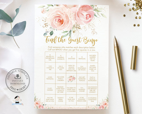 EDITABLE TEMPLATE Find the Guest Bingo Game Bridal Shower Baby Shower Birthday Party Blush Pink Floral Icebreaker Activity Printable PK5