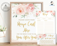 Blush Pink Floral Recipe Card Sign & Recipe Request Cards – Bridal Shower Game Printable | Instant Download PK5