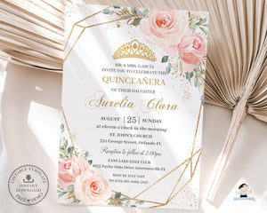 Elegant Blush Pink Floral Rose Flowers Quinceanera Invitation Editable Template, 15th Birthday Mis Quince Sweet 16 Download File, QC1