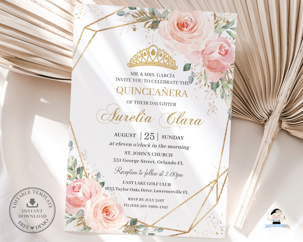 Elegant Blush Pink Floral Rose Flowers Quinceanera Invitation Editable – The Happy Cat Studio elegant-blush-pink-floral-rose-flowers-quinceanera-invitation-editable-the-happy-cat-studio