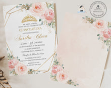 Load image into Gallery viewer, Elegant Blush Pink Floral Rose Flowers Quinceanera Invitation Editable Template, 15th Birthday Mis Quince Sweet 16 Download File, QC1