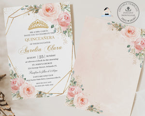 Elegant Blush Pink Floral Rose Flowers Quinceanera Invitation Editable Template, 15th Birthday Mis Quince Sweet 16 Download File, QC1