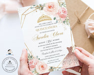 Chic Blush Pink Floral Rose Flowers Dress Quinceanera Invitation Editable Template, 15th Birthday Mis Quince Sweet 16 Download File, QC1