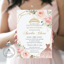 Load image into Gallery viewer, Chic Blush Pink Floral Rose Flowers Dress Quinceanera Invitation Editable Template, 15th Birthday Mis Quince Sweet 16 Download File, QC1