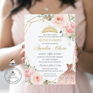 Chic Blush Pink Floral Rose Flowers Dress Quinceanera Invitation Edita The Happy Cat Studio Chic Blush Pink Floral Rose Flowers Dress Quinceanera Invitation Edita The Happy Cat Studio