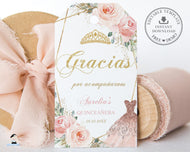 Chic Blush Pink Floral Rose Flowers Dress Quinceanera Favor Tag Editable Template, 15th Birthday Mis Quince Sweet 16 Download File, QC1