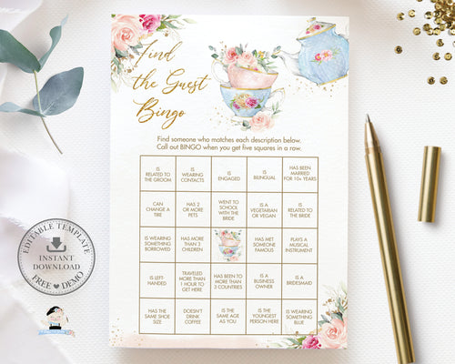 EDITABLE TEMPLATE Find the Guest Bingo Game Bridal Shower Baby Shower Birthday High Tea Party Pink Floral Icebreaker Activity Printable TP5