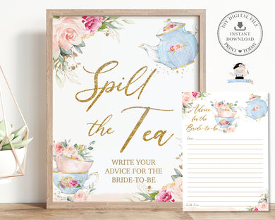Spill the Tea Sign Advice for Bride to Be Vintage Blush Pink Floral Bridal Shower High Tea Party INSTANT DOWNLOAD TP5