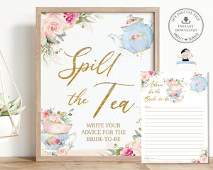 Spill the Tea Sign Advice for Bride to Be Vintage Blush Pink Floral Bridal Shower High Tea Party INSTANT DOWNLOAD TP5