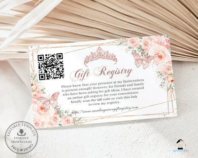 Chic Blush Pink Floral Butterflies Quinceanera Gift Registry QR Code Enclosure Card Quinceanera Sweet 16 Birthday Editable Template QC45 (Copy)