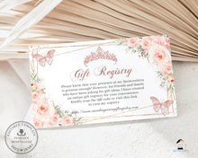 Load image into Gallery viewer, Chic Blush Pink Floral Butterflies Quinceanera Gift Registry Enclosure Card Quinceanera Sweet 16 Birthday Editable Template QC45