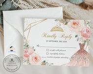 Chic Blush Pink Floral Rose Flowers Dress Quinceanera RSVP Card Editable Template, 15th Birthday Mis Quince Sweet 16 Download File, QC1