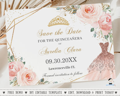 Chic Blush Pink Floral Rose Flowers Dress Quinceanera Save the Date Card Editable Template, 15th Birthday Mis Quince Sweet 16 Download File, QC1