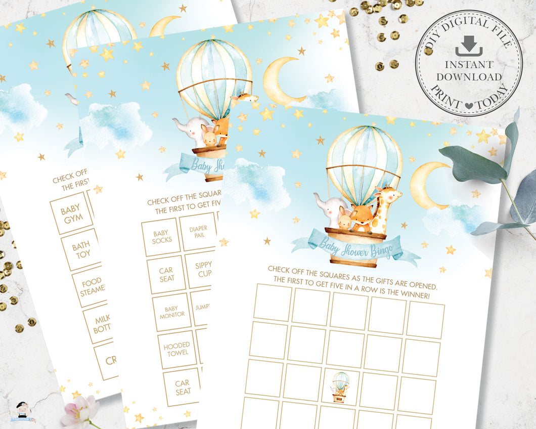 Cute Animals Blue Hot Air Balloon Blank and Pre-filled Baby Shower Bingo Game Print Yourself Printable Activities - Instant Download - HB5
